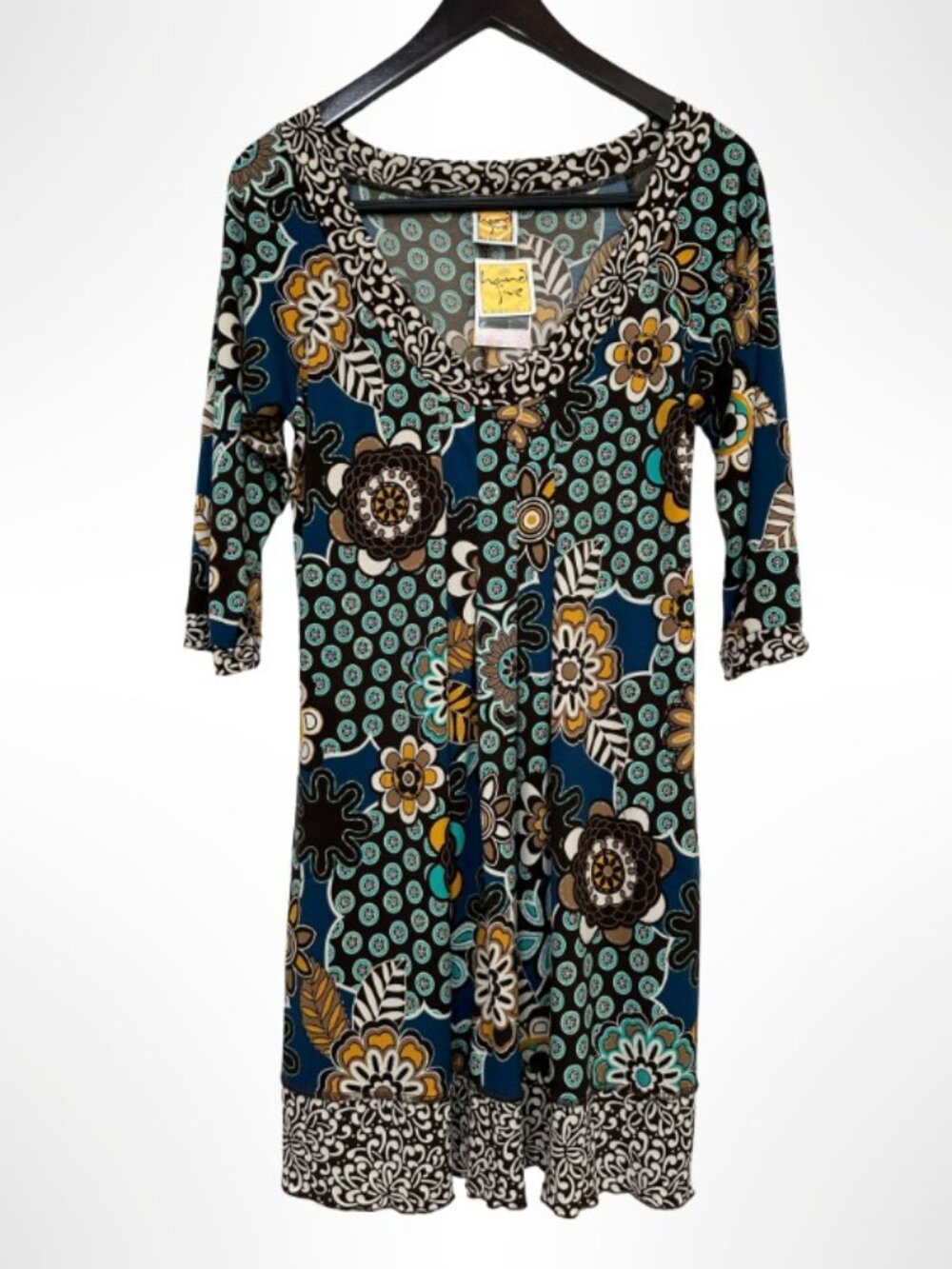 HAND JIVE Boho Geometric Print Jersey Knit Mini Dress Brown Blue Size L NWT